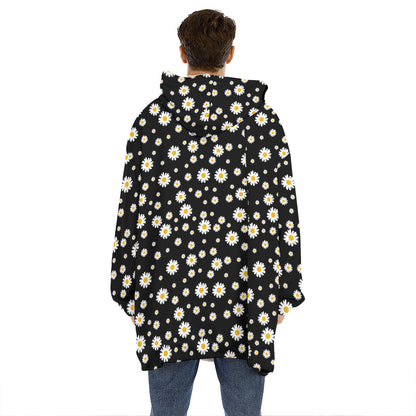 Black Daisy Floral Pattern Print Hoodie Blanket