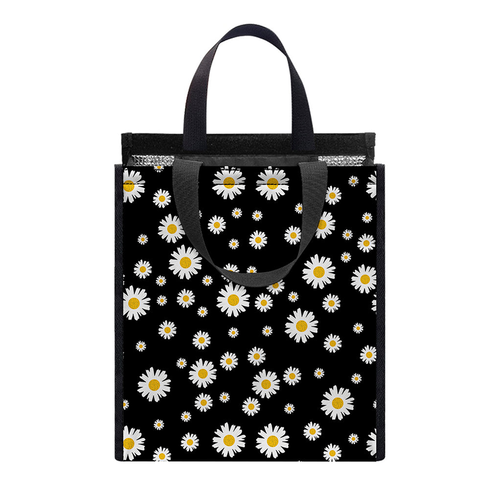 Black Daisy Floral Pattern Print Insulated Lunch Tote