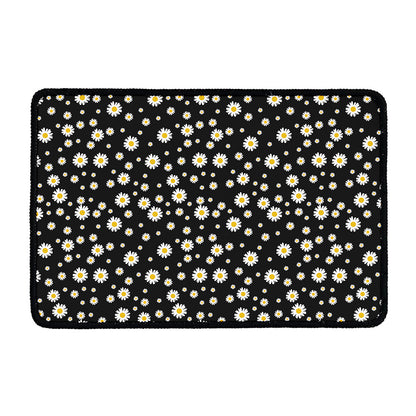 Black Daisy Floral Pattern Print Kitchen Mat