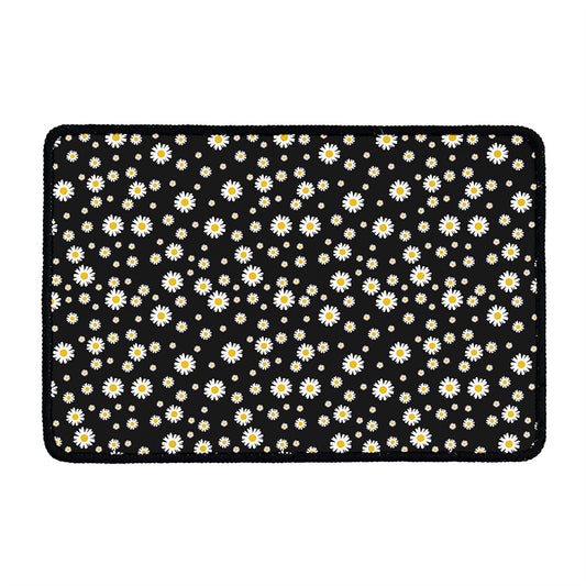 Black Daisy Floral Pattern Print Kitchen Mat