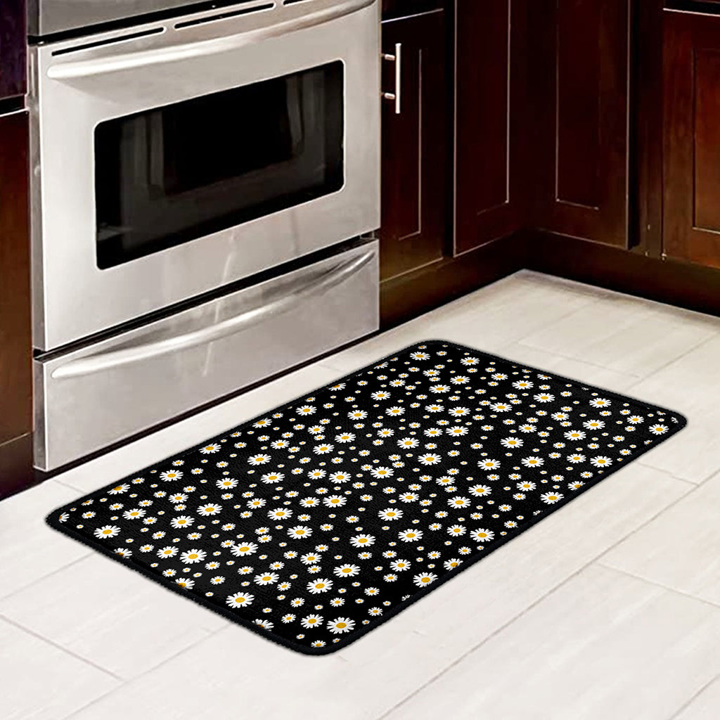Black Daisy Floral Pattern Print Kitchen Mat