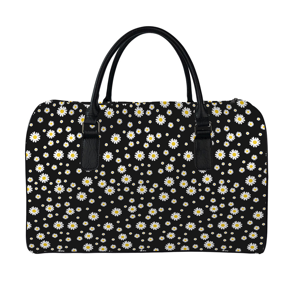 Black Daisy Floral Pattern Print Leather Duffle Bag