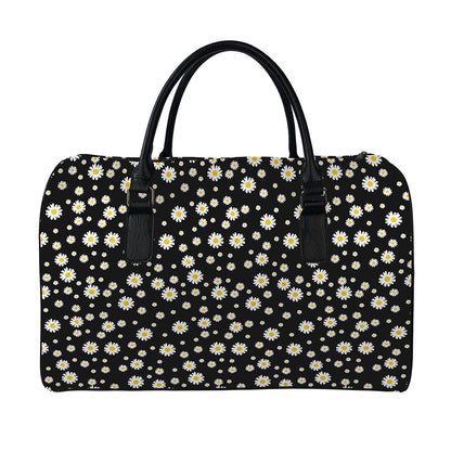 Black Daisy Floral Pattern Print Leather Duffle Bag