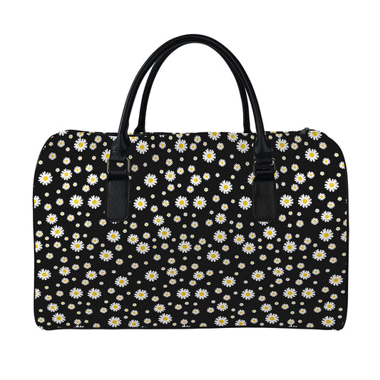 Black Daisy Floral Pattern Print Leather Duffle Bag