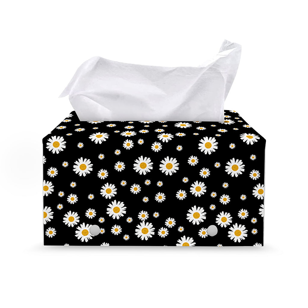 Black Daisy Floral Pattern Print Leather Tissue Box Cover