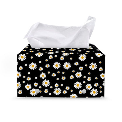 Black Daisy Floral Pattern Print Leather Tissue Box Cover
