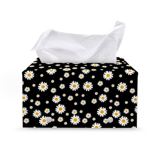 Black Daisy Floral Pattern Print Leather Tissue Box Cover