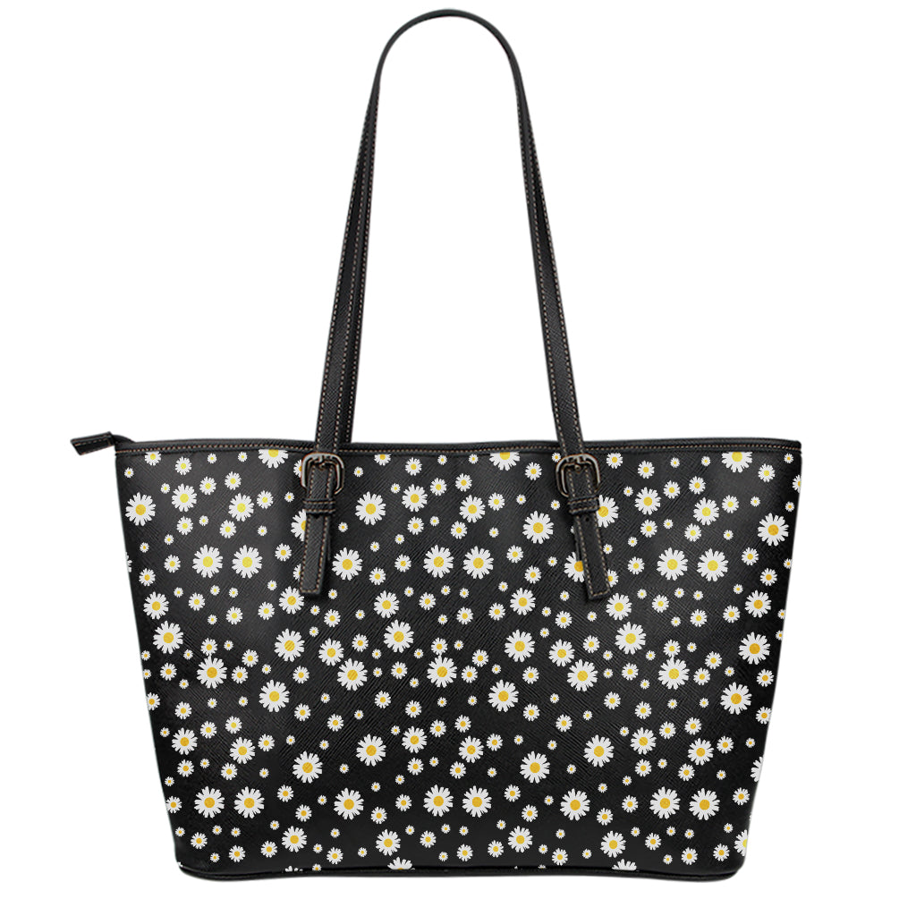 Black Daisy Floral Pattern Print Leather Tote Bag