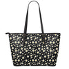 Black Daisy Floral Pattern Print Leather Tote Bag