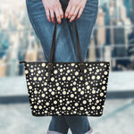 Black Daisy Floral Pattern Print Leather Tote Bag