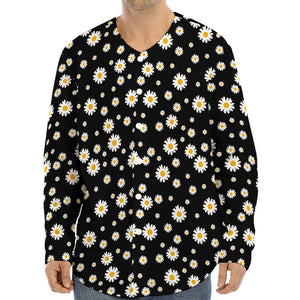 Black Daisy Floral Pattern Print Long Sleeve Baseball Jersey