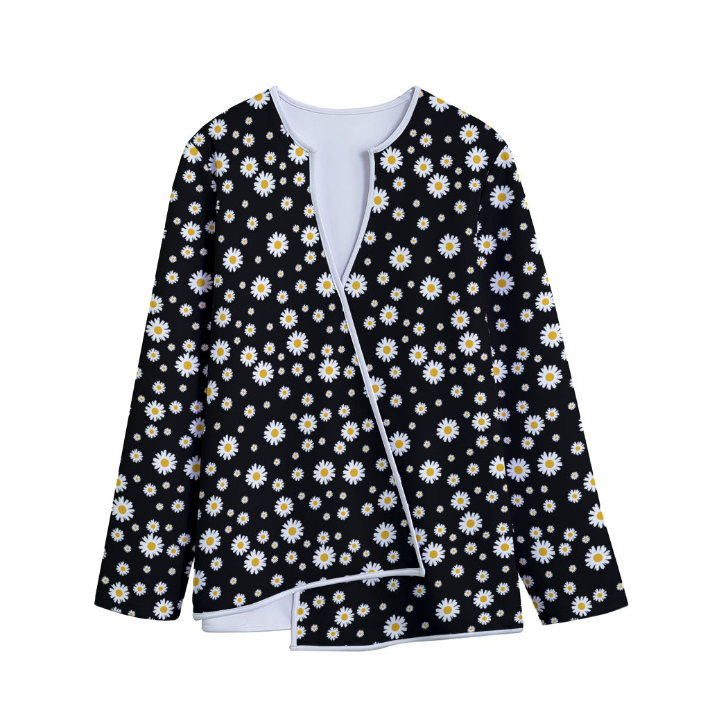 Black Daisy Floral Pattern Print Long Sleeve Short Coat