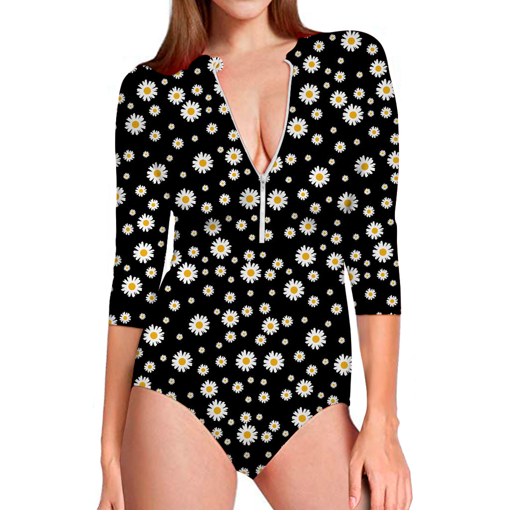 Black Daisy Floral Pattern Print Long Sleeve Swimsuit