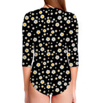 Black Daisy Floral Pattern Print Long Sleeve Swimsuit