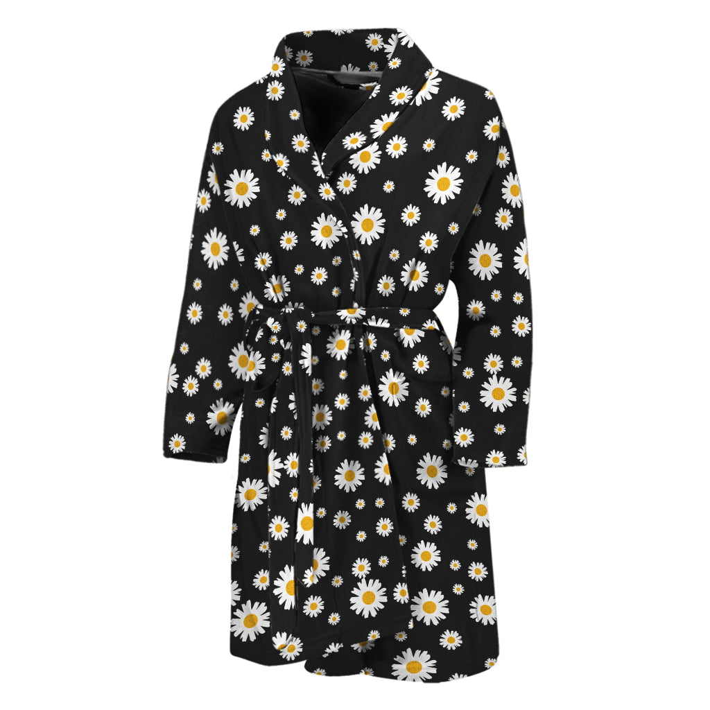 Black Daisy Floral Pattern Print Men's Bathrobe