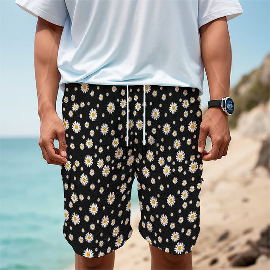 Black Daisy Floral Pattern Print Men's Cargo Shorts