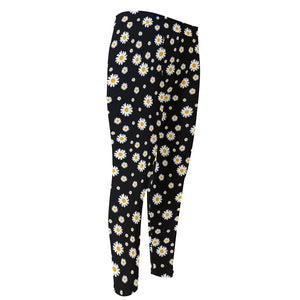 Black Daisy Floral Pattern Print Men's Compression Pants