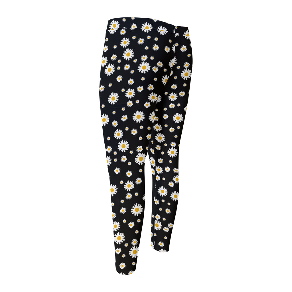 Black Daisy Floral Pattern Print Men's Compression Pants