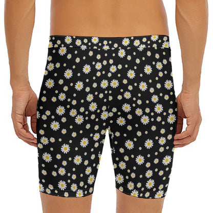 Black Daisy Floral Pattern Print Men's Long Boxer Briefs