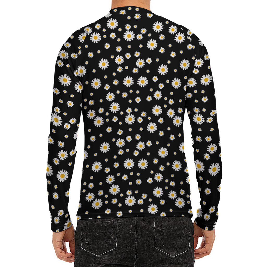 Black Daisy Floral Pattern Print Men's Long Sleeve Rash Guard