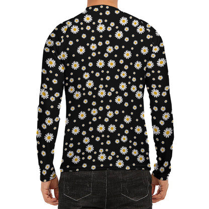 Black Daisy Floral Pattern Print Men's Long Sleeve Rash Guard