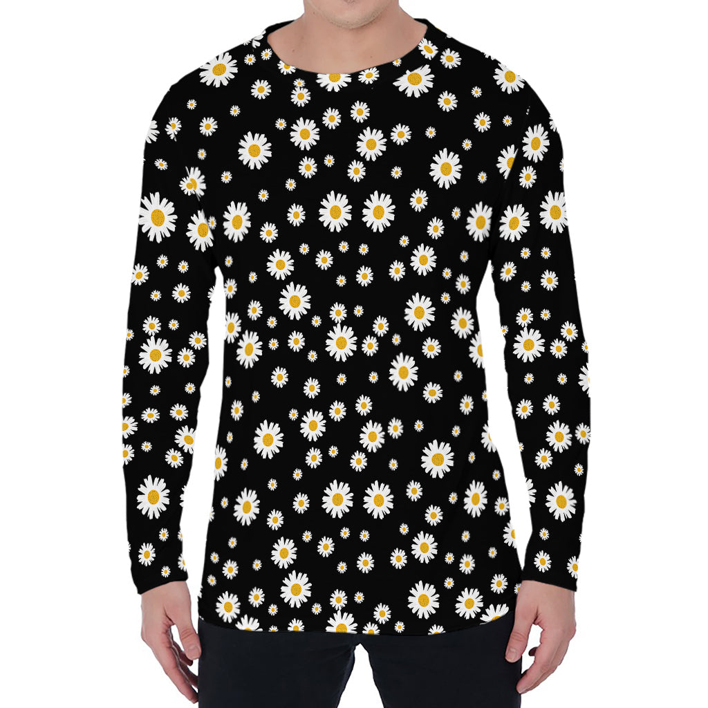 Black Daisy Floral Pattern Print Men's Long Sleeve T-Shirt