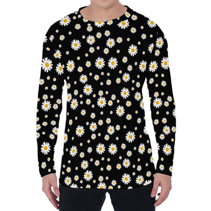 Black Daisy Floral Pattern Print Men's Long Sleeve T-Shirt