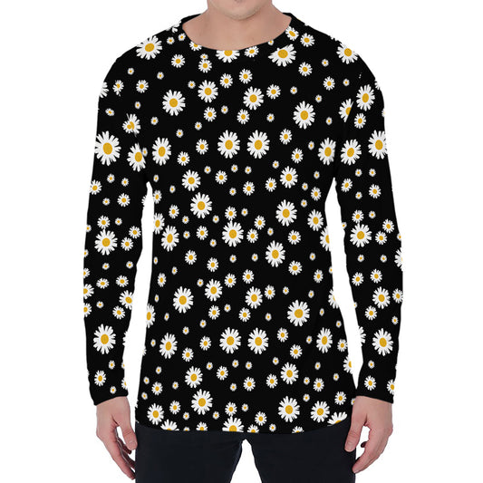 Black Daisy Floral Pattern Print Men's Long Sleeve T-Shirt