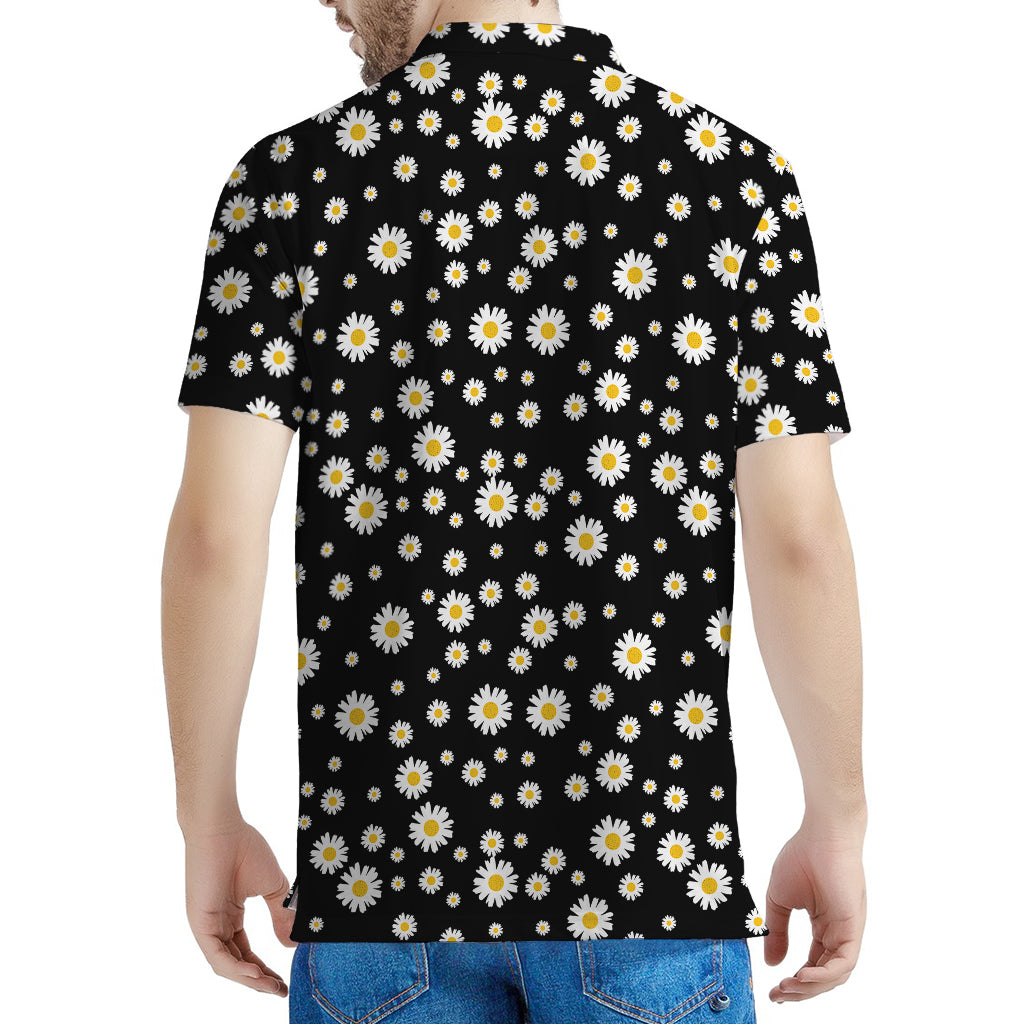 Black Daisy Floral Pattern Print Men's Polo Shirt