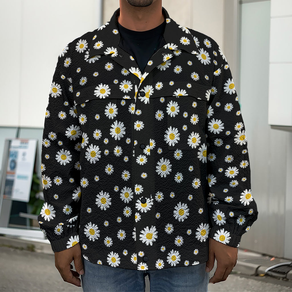 Black Daisy Floral Pattern Print Men's Shirt Jacket