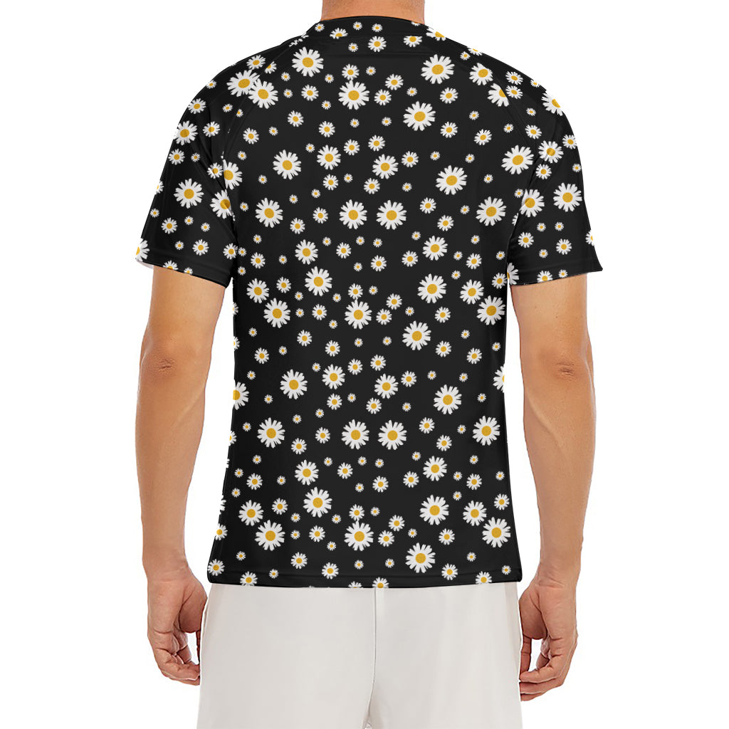 Black Daisy Floral Pattern Print Men's Short Sleeve Rash Guard