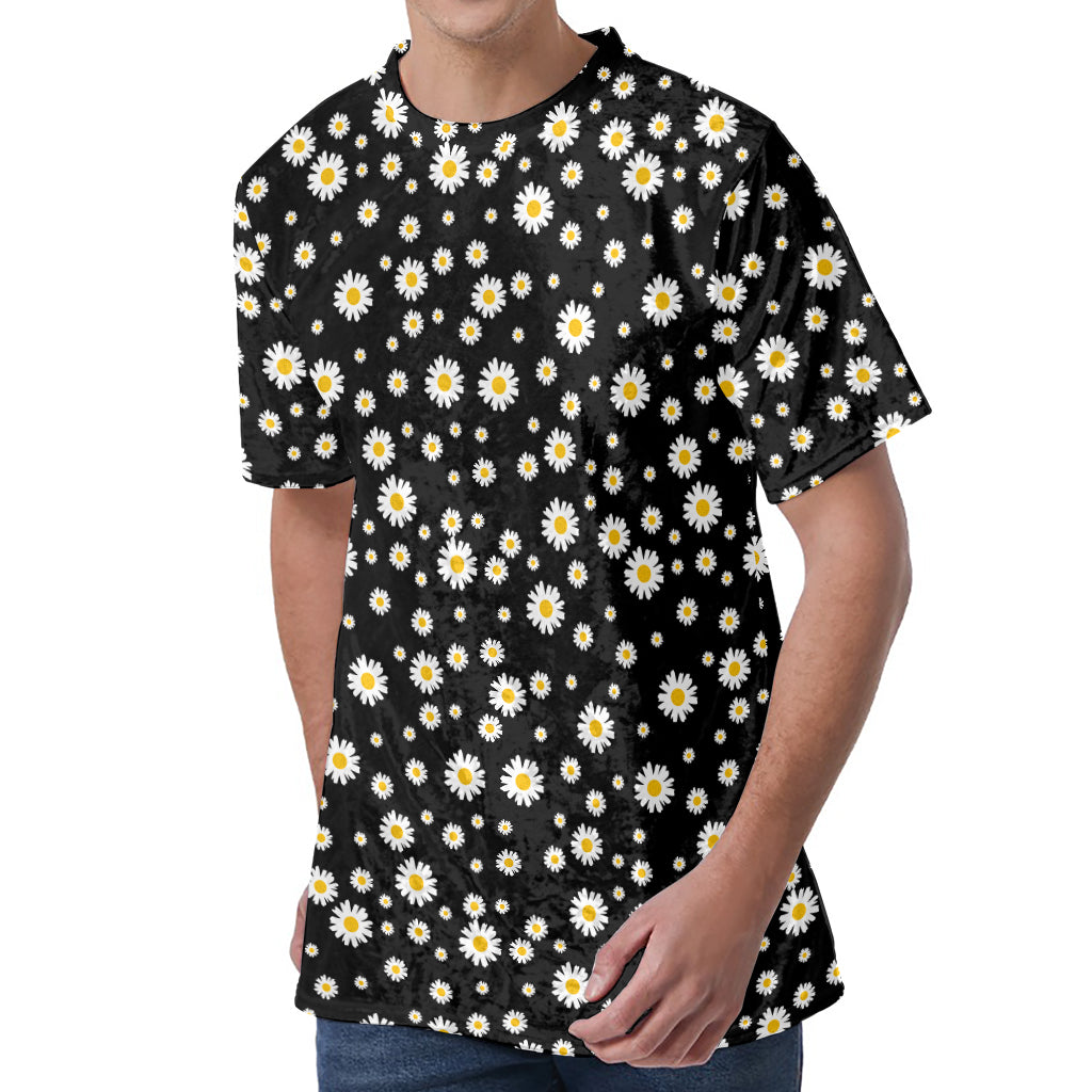 Black Daisy Floral Pattern Print Men's Velvet T-Shirt