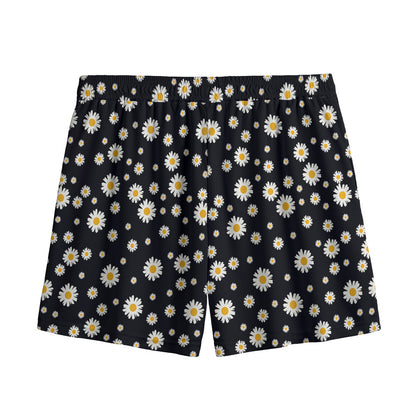 Black Daisy Floral Pattern Print Mesh Shorts