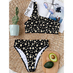 Black Daisy Floral Pattern Print One Shoulder Bikini Top