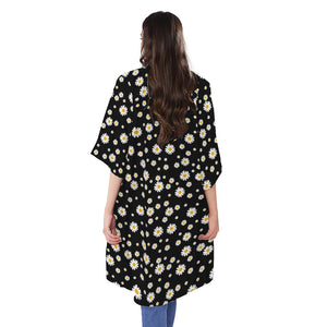 Black Daisy Floral Pattern Print Open Front Beach Cover Up