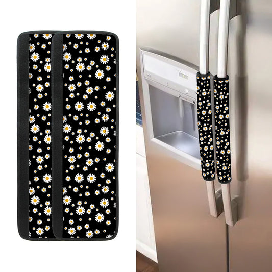 Black Daisy Floral Pattern Print Refrigerator Handle Covers