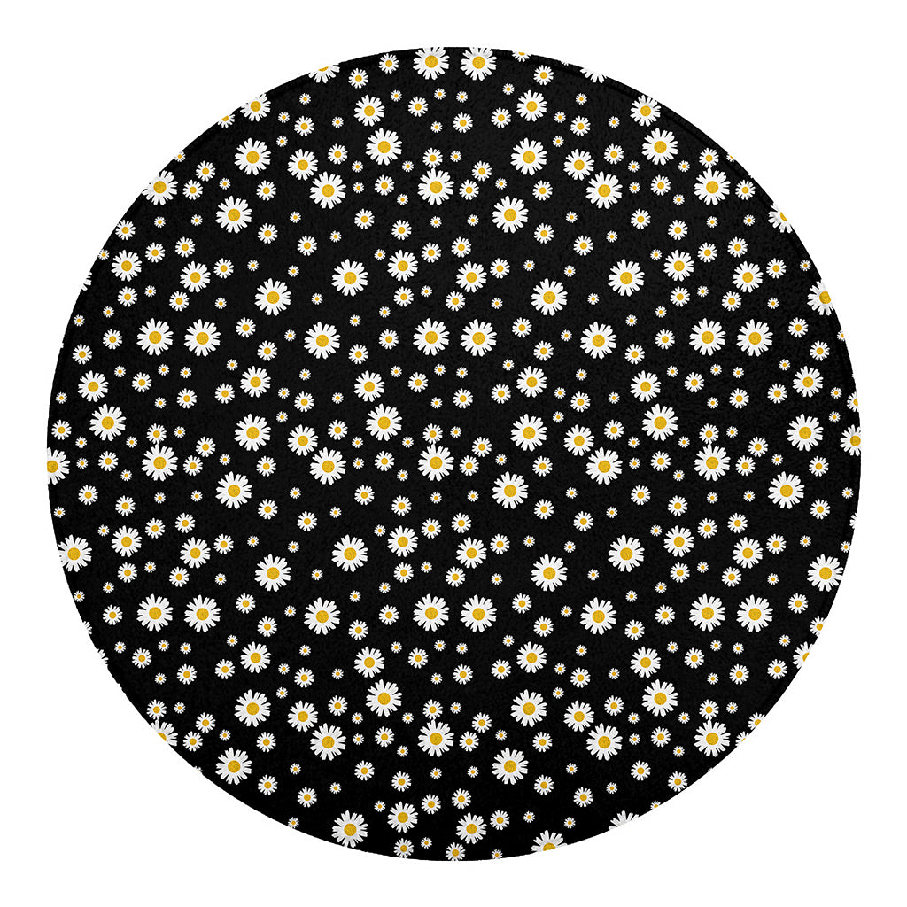 Black Daisy Floral Pattern Print Round Blanket