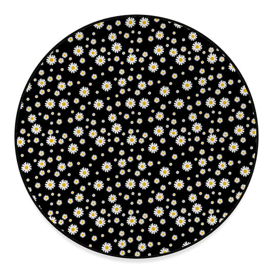 Black Daisy Floral Pattern Print Round Floor Mat