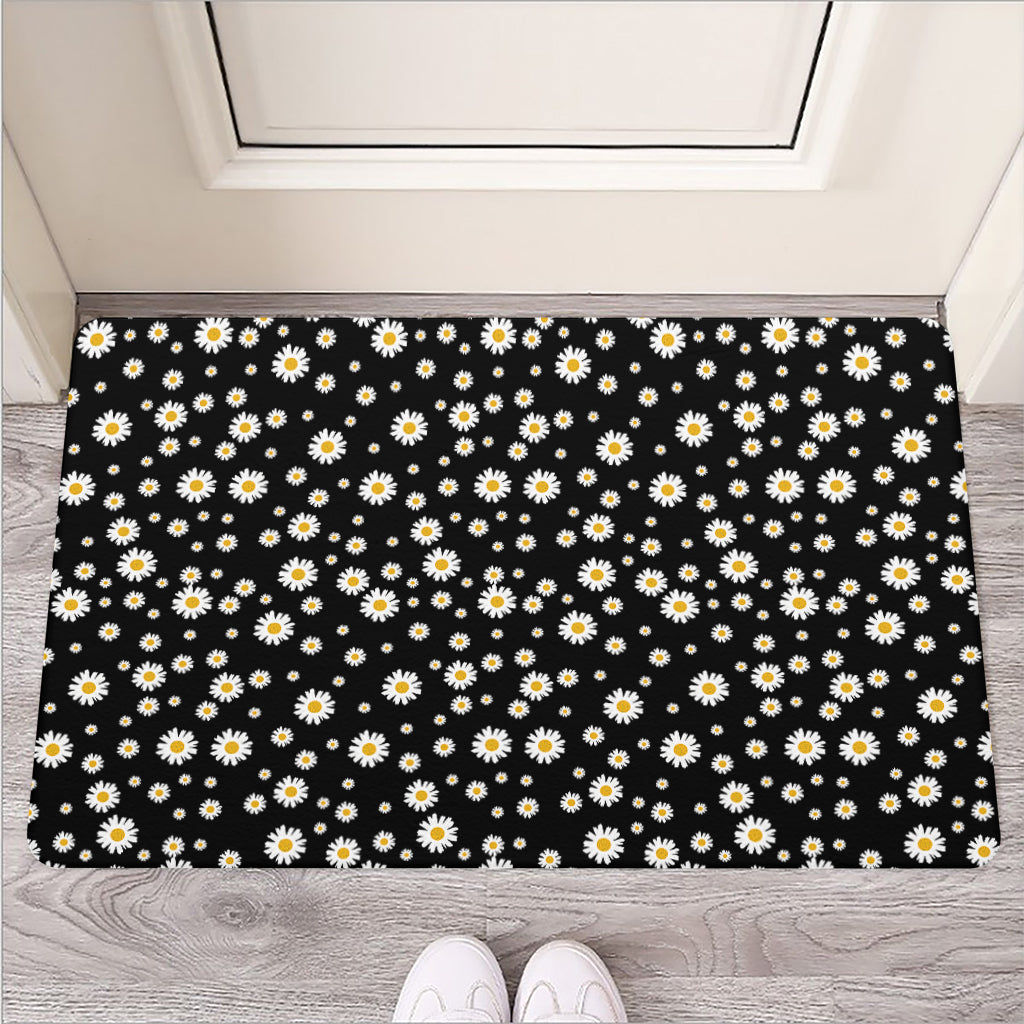 Black Daisy Floral Pattern Print Rubber Doormat