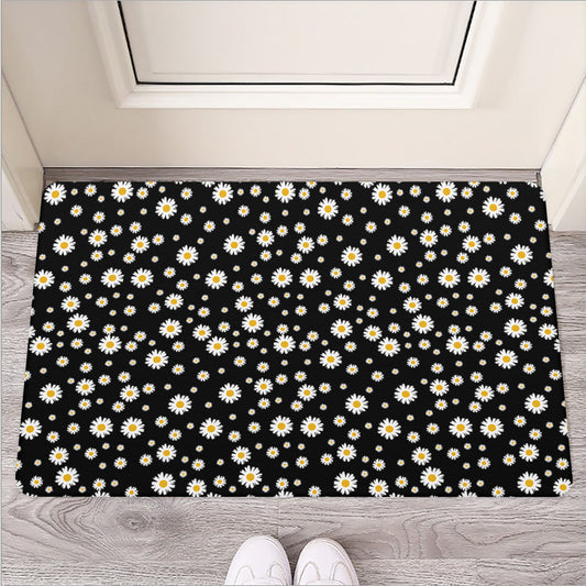 Black Daisy Floral Pattern Print Rubber Doormat