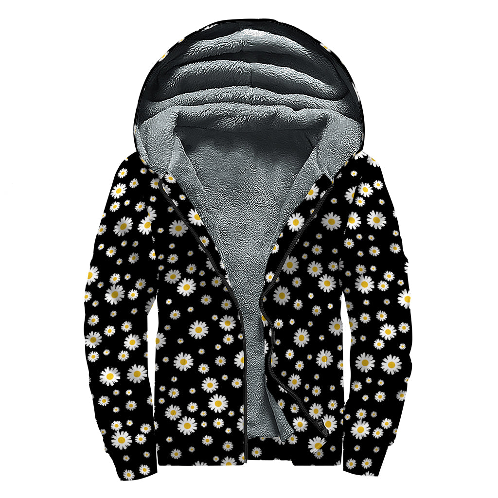 Black Daisy Floral Pattern Print Sherpa Lined Zip Up Hoodie