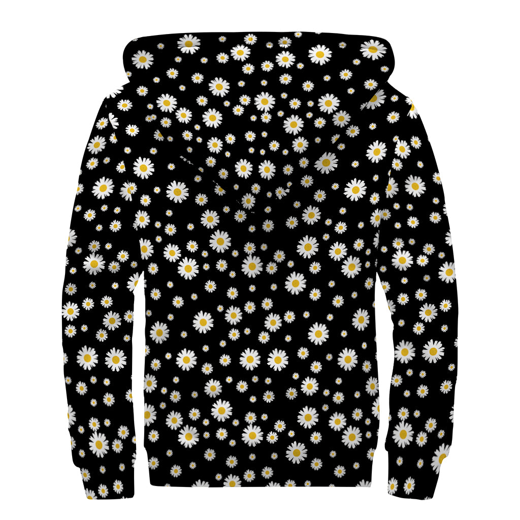 Black Daisy Floral Pattern Print Sherpa Lined Zip Up Hoodie