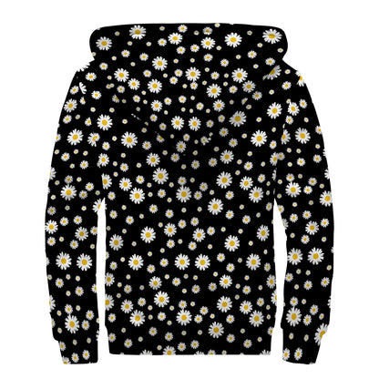 Black Daisy Floral Pattern Print Sherpa Lined Zip Up Hoodie