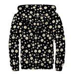 Black Daisy Floral Pattern Print Sherpa Lined Zip Up Hoodie