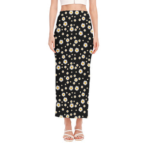 Black Daisy Floral Pattern Print Side Slit Maxi Skirt