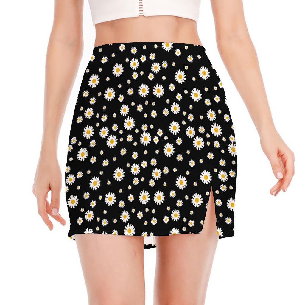 Black Daisy Floral Pattern Print Side Slit Mini Skirt