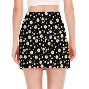 Black Daisy Floral Pattern Print Side Slit Mini Skirt