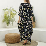 Black Daisy Floral Pattern Print Silk V-Neck Kaftan Dress