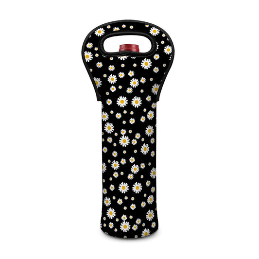Black Daisy Floral Pattern Print Single Neoprene Wine Tote