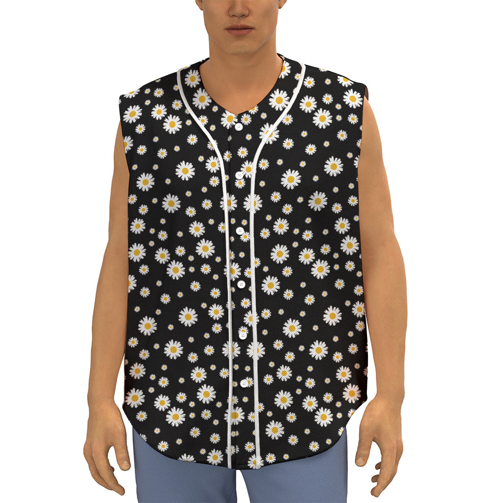 Black Daisy Floral Pattern Print Sleeveless Baseball Jersey